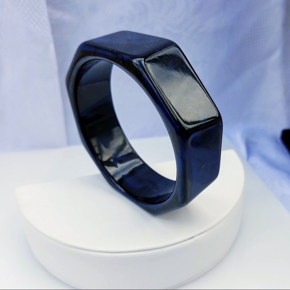 Wide Blue/Black Marbled Bangle Bracelet
